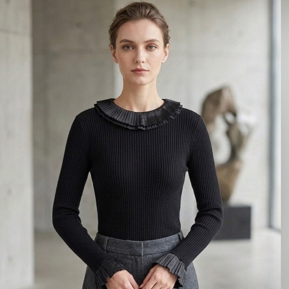 OSCAR DE LA RENTA , Black Ribbed Long Sleeve Top with Pleated Collar and cuffs